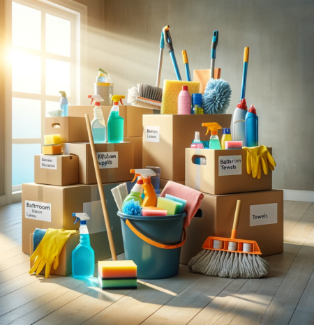 Boxes and cleaning supplies to represent move out cleaning Stonegate CO. Humble House Cleaning Stonegate CO