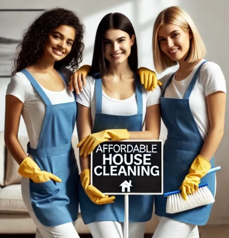 Centennial house cleaning. 3 professional house cleaners standing in front of an affordable house cleaning sign.